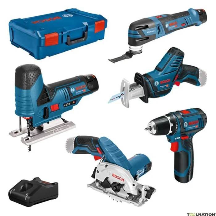 Bosch Bleu 0615A0017C 5 Toolkit 12V – perceuse sans fil + scie circulaire + scie sauteuse + scie à guichet + outil multifonction 12V 3 x 3.0Ah en XL-Boxx