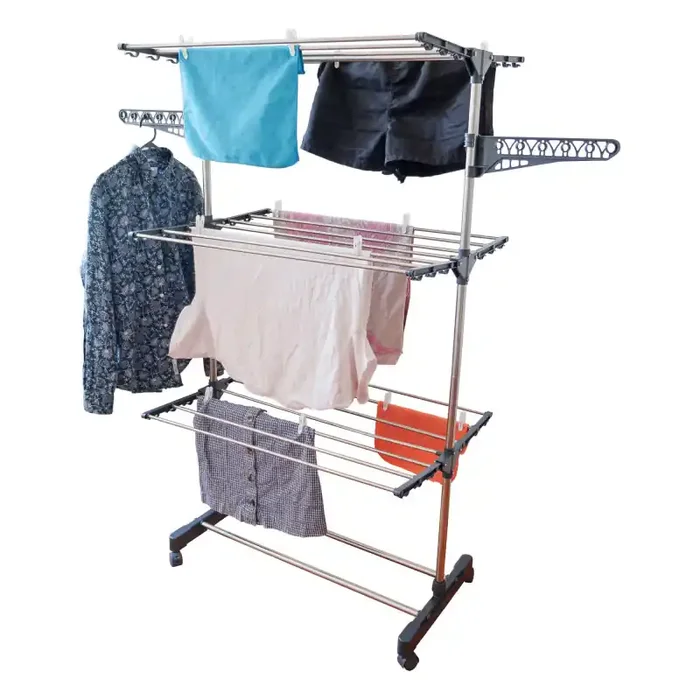 Etendoir pliable sur roulettes – 3 niveaux – Séchoir à linge acier – H154 cm – 10 cintres – 20 pinces à linges – 2 porte-cintres