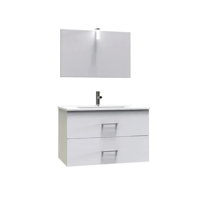 Meuble suspendre 80cm laqué blanc 2 tiroirs poignées porte-serviettes